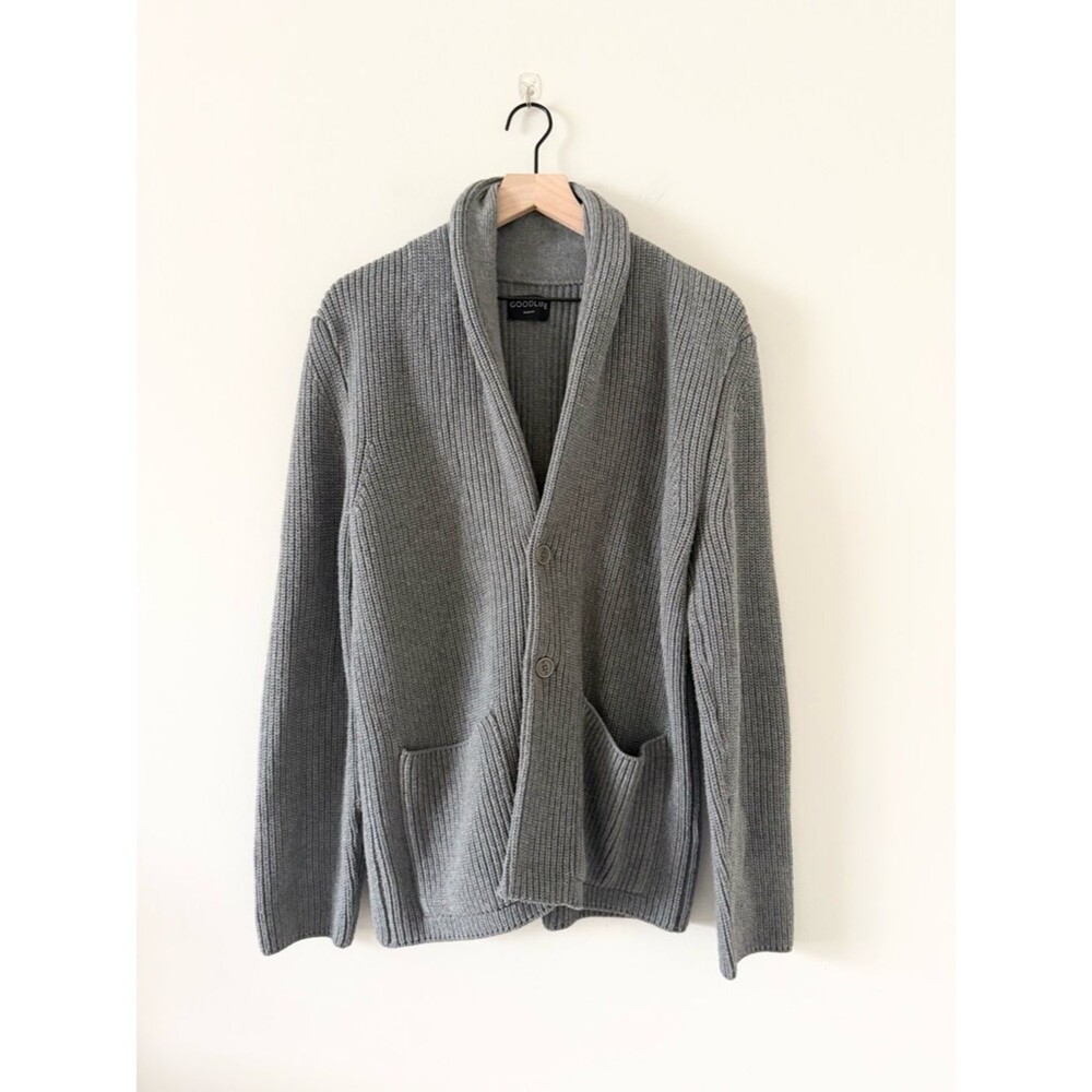 Goodlife Gray Cotton Shawl-Collar Ribbed Cardigan Sweater Size M